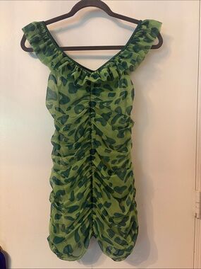 Green Ruffled Sheer Ruched Dress